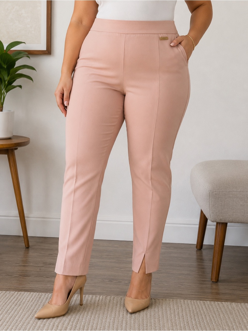 Calvin Klein Blush Pull On Dress Pants Women L Mid Rise Power Stretch NWT